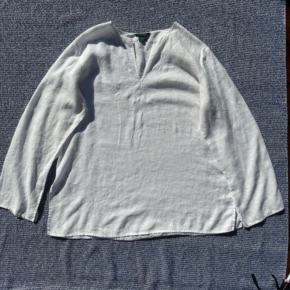 Lauren Ralph Lauren Womens White Embroidered 100% Linen Long-Sleeve Top Size XL